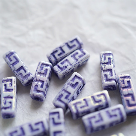 炫彩紫白色~长方形古风纹样柱形珠捷克珠玻璃琉璃 15X5MM-4