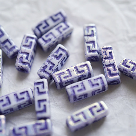 炫彩紫白色~长方形古风纹样柱形珠捷克珠玻璃琉璃 15X5MM-5