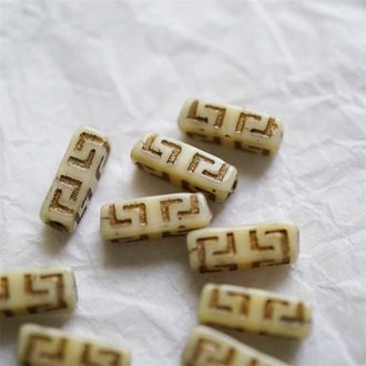 复古米色描金~长方形古风纹样柱形珠捷克珠玻璃琉璃 15X5MM