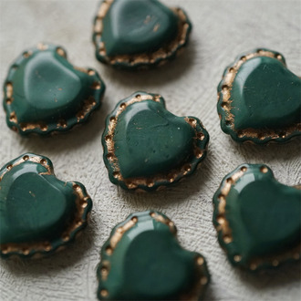 复古墨绿描玫瑰金色~可爱桃心蕾丝花边做旧款爱心捷克珠玻璃琉璃珠 17X18MM