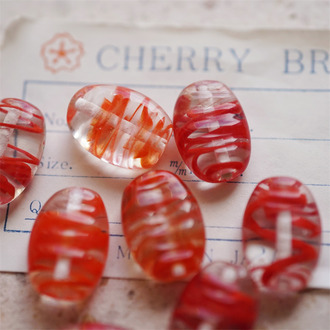 绯红流纹~手造波纹表面流线纹椭圆形日本进口中古古董灯工玻璃琉璃珠 约17X12MM