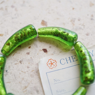 稀有透绿银箔千花琉璃花纹~手造弯管曲线造型手镯用配珠日本进口中古古董灯工玻璃琉璃珠 约10X32MM