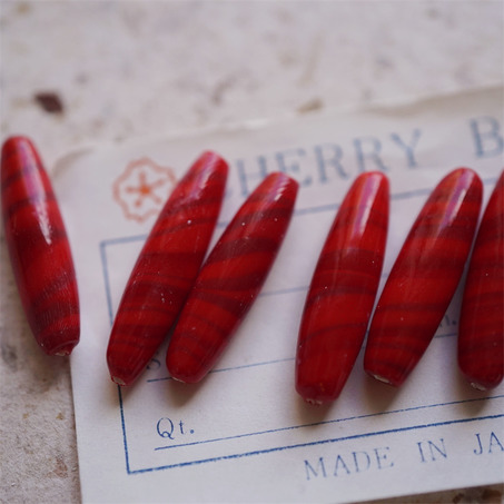 圣诞糖果红色~手造梭形椭圆直孔珠日本进口中古古董灯工玻璃琉璃珠 约27X8MM-1