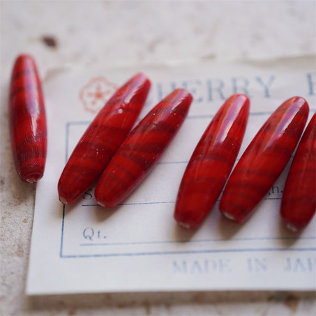 圣诞糖果红色~手造梭形椭圆直孔珠日本进口中古古董灯工玻璃琉璃珠 约27X8MM-4
