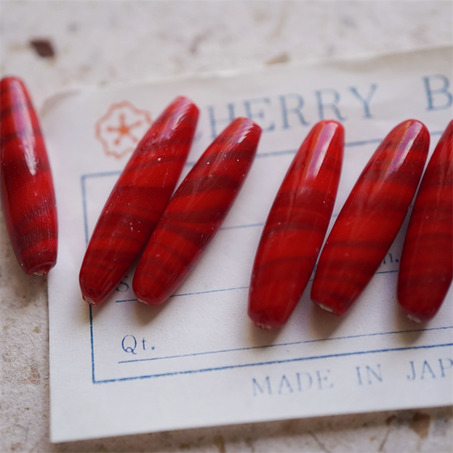 圣诞糖果红色~手造梭形椭圆直孔珠日本进口中古古董灯工玻璃琉璃珠 约27X8MM-5