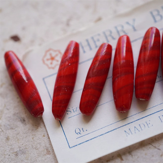 圣诞糖果红色~手造梭形椭圆直孔珠日本进口中古古董灯工玻璃琉璃珠 约27X8MM