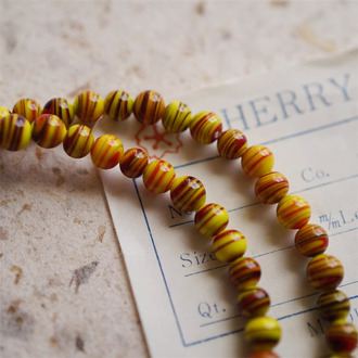 十枚入！红拼黄条纹mix手造绝美圆珠~日本进口中古古董灯工玻璃琉璃珠