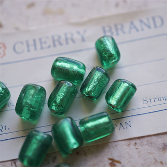 祖母绿配色~稀有手造银箔夹心立体方块表面日本进口中古古董灯工玻璃琉璃珠 约12X7MM