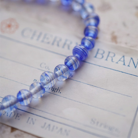 十枚入！透明海水蓝条纹mix配色手造绝美圆珠~日本进口中古古董灯工玻璃琉璃珠-4