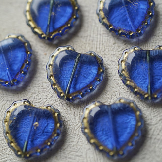 海洋之心透海蓝描金色~可爱桃心蕾丝花边做旧款爱心捷克珠玻璃琉璃珠 17X18MM