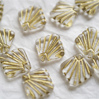 经典水晶白描金色~方形孔雀翎羽直孔捷克珠玻璃琉璃珠 18MM