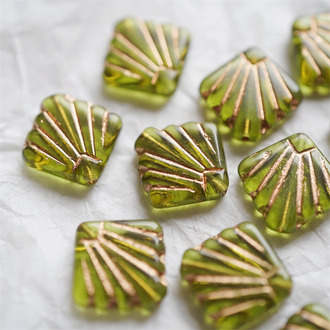 透橄榄绿描玫瑰金色~方形孔雀翎羽直孔捷克珠玻璃琉璃珠 18MM