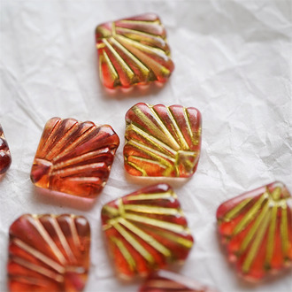 晚霞橘红渐变描金色~方形孔雀翎羽直孔捷克珠玻璃琉璃珠 18MM