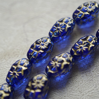 复古透宝石蓝描金色~浮雕花朵四面立体微椭橄榄形古董珠型捷克珠玻璃琉璃珠 15X10MM
