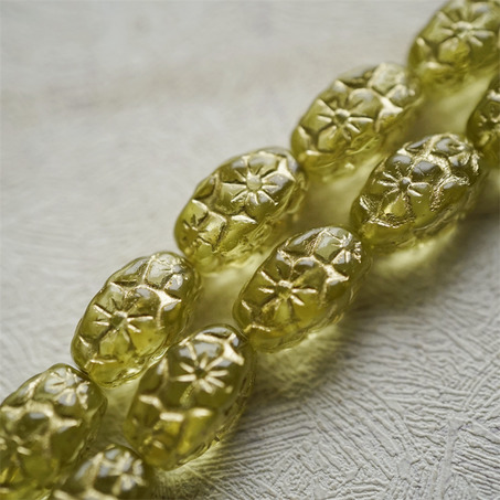 透浅萤黄色描金~浮雕花朵四面立体微椭橄榄形古董珠型捷克珠玻璃琉璃珠 15X10MM-6