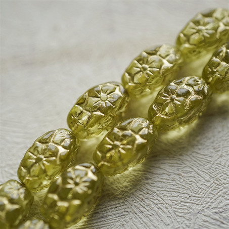 透浅萤黄色描金~浮雕花朵四面立体微椭橄榄形古董珠型捷克珠玻璃琉璃珠 15X10MM-7