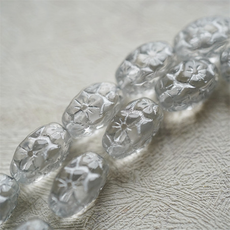 透水晶白描银色~浮雕花朵四面立体微椭橄榄形古董珠型捷克珠玻璃琉璃珠 15X10MM-3