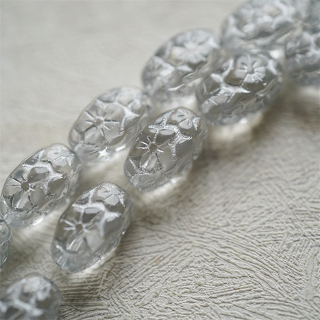 透水晶白描银色~浮雕花朵四面立体微椭橄榄形古董珠型捷克珠玻璃琉璃珠 15X10MM-4