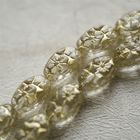 透水晶白描金色~浮雕花朵四面立体微椭橄榄形古董珠型捷克珠玻璃琉璃珠 15X10MM-4