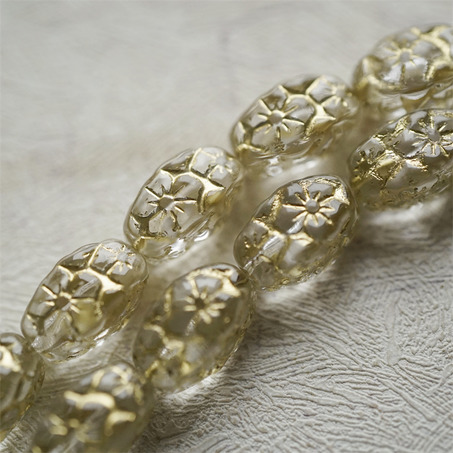 透水晶白描金色~浮雕花朵四面立体微椭橄榄形古董珠型捷克珠玻璃琉璃珠 15X10MM-2