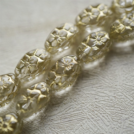 透水晶白描金色~浮雕花朵四面立体微椭橄榄形古董珠型捷克珠玻璃琉璃珠 15X10MM-3