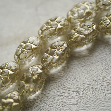 透水晶白描金色~浮雕花朵四面立体微椭橄榄形古董珠型捷克珠玻璃琉璃珠 15X10MM-7