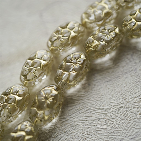 透水晶白描金色~浮雕花朵四面立体微椭橄榄形古董珠型捷克珠玻璃琉璃珠 15X10MM-6