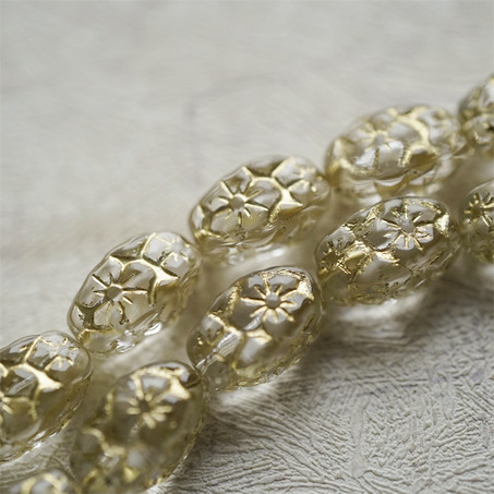 透水晶白描金色~浮雕花朵四面立体微椭橄榄形古董珠型捷克珠玻璃琉璃珠 15X10MM-5