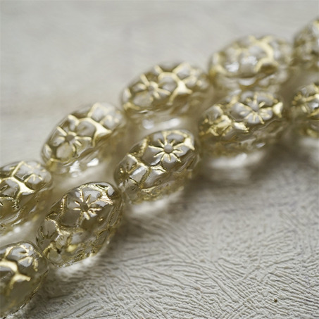 透水晶白描金色~浮雕花朵四面立体微椭橄榄形古董珠型捷克珠玻璃琉璃珠 15X10MM-8