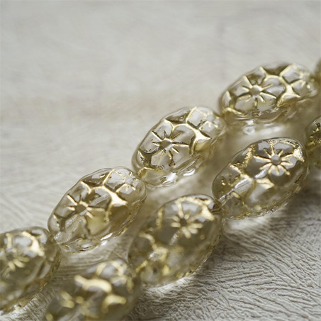透水晶白描金色~浮雕花朵四面立体微椭橄榄形古董珠型捷克珠玻璃琉璃珠 15X10MM-10