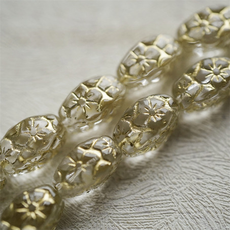 透水晶白描金色~浮雕花朵四面立体微椭橄榄形古董珠型捷克珠玻璃琉璃珠 15X10MM-11