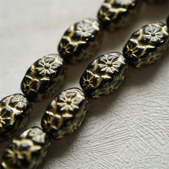 深色葡萄黑紫描金色~浮雕花朵四面立体微椭橄榄形古董珠型捷克珠玻璃琉璃珠 15X10MM
