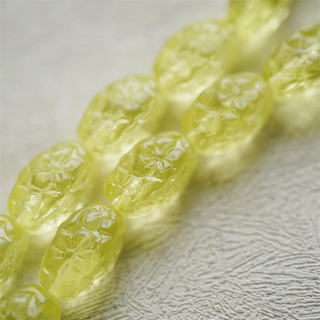 透感柠檬黄色~浮雕花朵四面立体微椭橄榄形古董珠型捷克珠玻璃琉璃珠 15X10MM-2