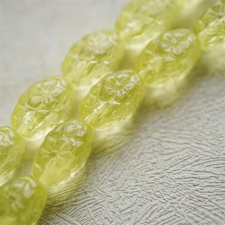 透感柠檬黄色~浮雕花朵四面立体微椭橄榄形古董珠型捷克珠玻璃琉璃珠 15X10MM-6