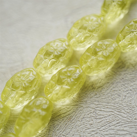 透感柠檬黄色~浮雕花朵四面立体微椭橄榄形古董珠型捷克珠玻璃琉璃珠 15X10MM-10