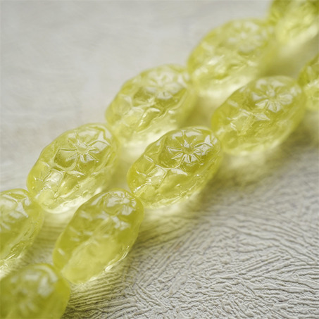 透感柠檬黄色~浮雕花朵四面立体微椭橄榄形古董珠型捷克珠玻璃琉璃珠 15X10MM-12