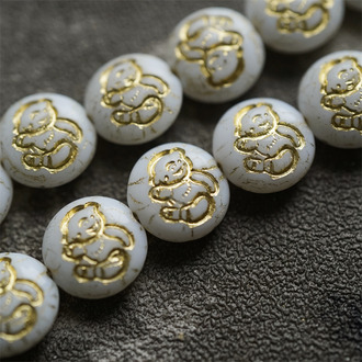 纯白描金色~vintage童话风奶乖小熊泰迪熊图案古董珠形扁圆捷克珠玻璃琉璃珠 13MM