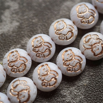 纯白描玫瑰金色~vintage童话风奶乖小熊泰迪熊图案古董珠形扁圆捷克珠玻璃琉璃珠 13MM