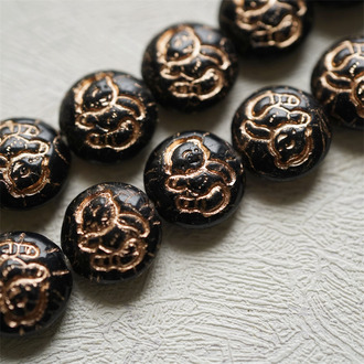经典黑描玫瑰金~vintage童话风奶乖小熊泰迪熊图案古董珠形扁圆捷克珠玻璃琉璃珠 13MM