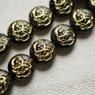 经典黑色描金色~vintage童话风奶乖小熊泰迪熊图案古董珠形扁圆捷克珠玻璃琉璃珠 13MM