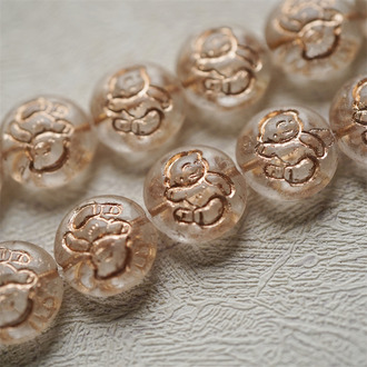 透明描玫瑰金色~vintage童话风奶乖小熊泰迪熊图案古董珠形扁圆捷克珠玻璃琉璃珠 13MM