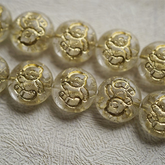 透明描金色~vintage童话风奶乖小熊泰迪熊图案古董珠形扁圆捷克珠玻璃琉璃珠 13MM