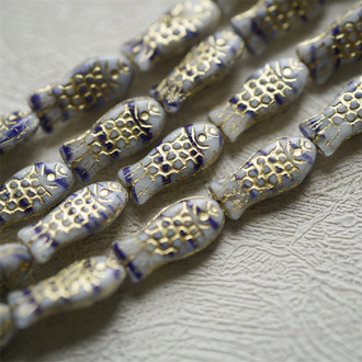 深蓝白条纹描金~小鱼菓可爱小鱼干中号捷克珠玻璃琉璃珠 15X7MM