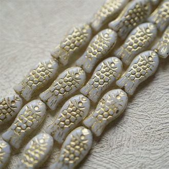 果冻白描金色~小鱼菓可爱小鱼干中号捷克珠玻璃琉璃珠 15X7MM