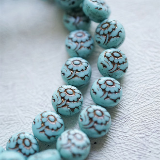 复古松石绿描古铜色~超精致绝美双面古风花朵捷克珠玻璃琉璃 10MM