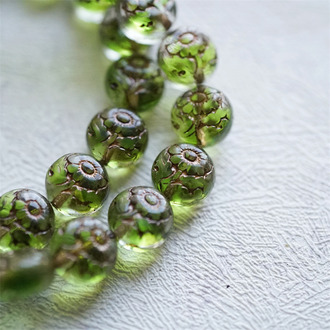 夹心透绿描古铜色~超精致绝美双面古风花朵捷克珠玻璃琉璃 10MM