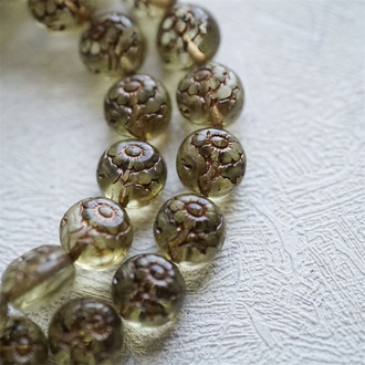 透浅黄描古铜色~超精致绝美双面古风花朵捷克珠玻璃琉璃 10MM