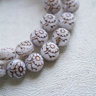 白色描古铜色~超精致绝美双面古风花朵捷克珠玻璃琉璃 10MM