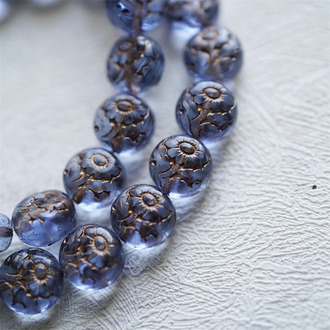 透浅蓝描古铜色~超精致绝美双面古风花朵捷克珠玻璃琉璃 10MM