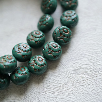 复古实色墨绿描古铜色~超精致绝美双面古风花朵捷克珠玻璃琉璃 10MM